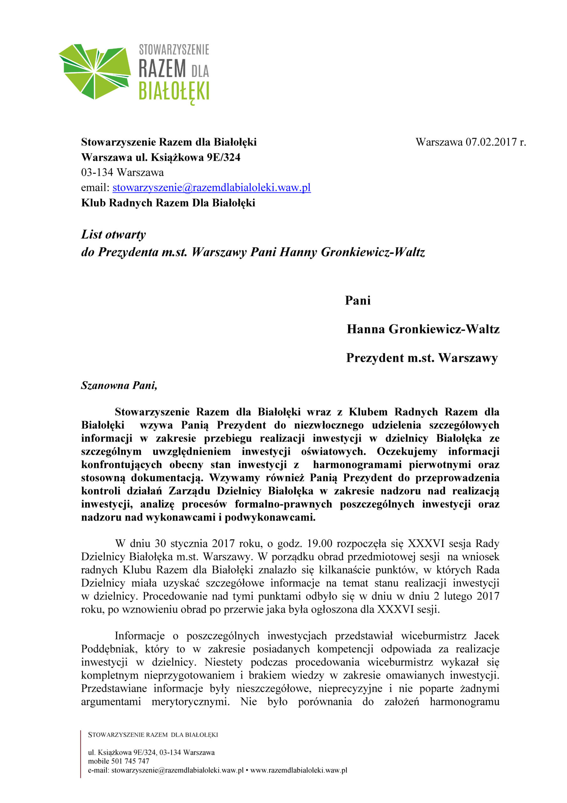 List otwarty  do Prezydenta m.st. Warszawy Pani Hanny Gronkiewicz-Waltz